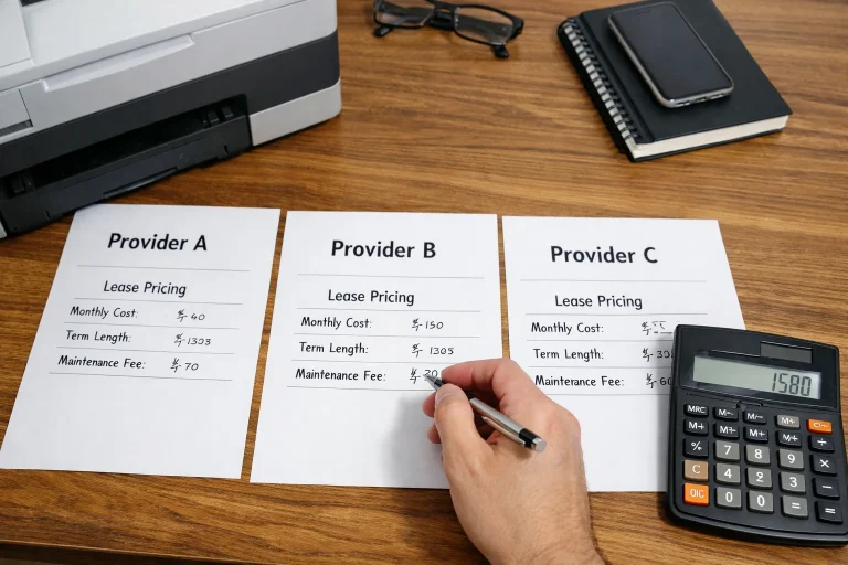 A professional at 807 Pressley Rd comparing copier lease pricing quotes from three different providers including monthly costs and maintenance fees.